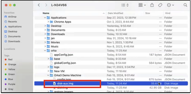Orka Desktop log file view with Node Info, Image Info, VM Details, and Logs sections