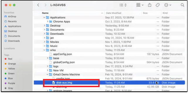 Orka Desktop log file view with Node Info, Image Info, VM Details, and Logs sections