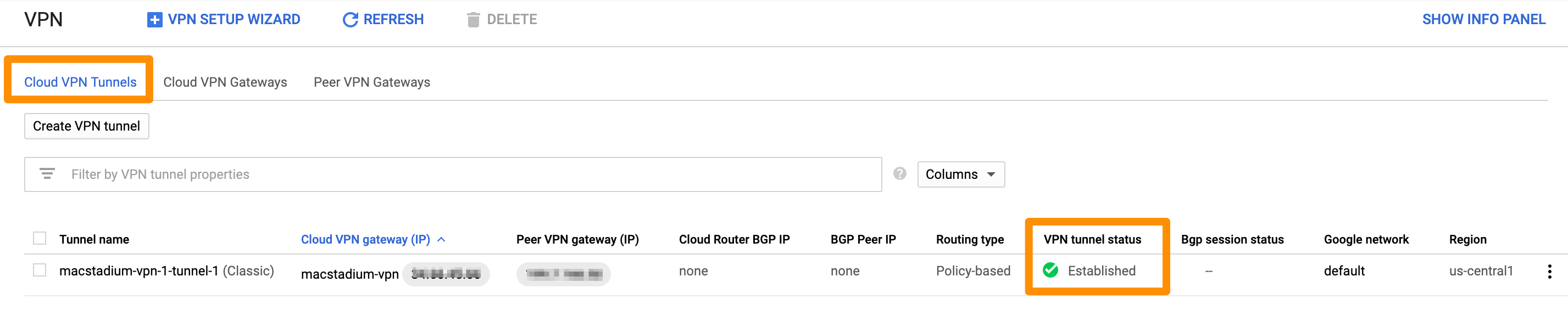 GCP Cloud VPN Tunnels tab showing tunnel status as Established