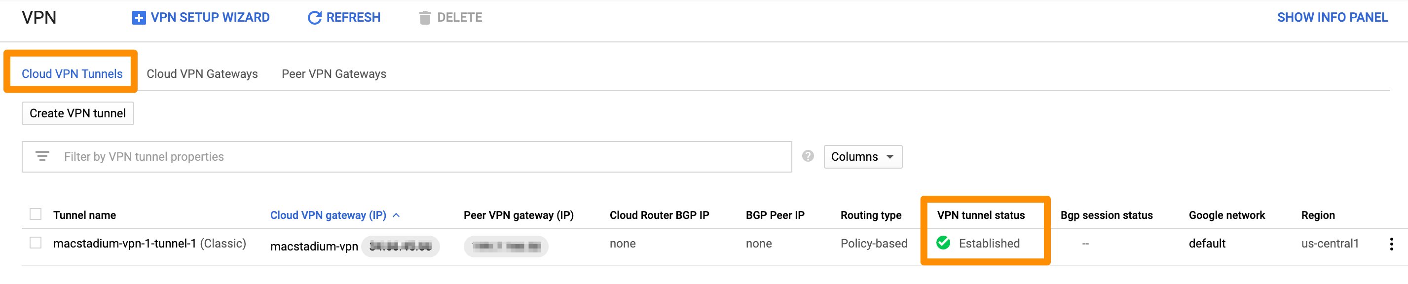 GCP Cloud VPN Tunnels tab showing tunnel status as Established