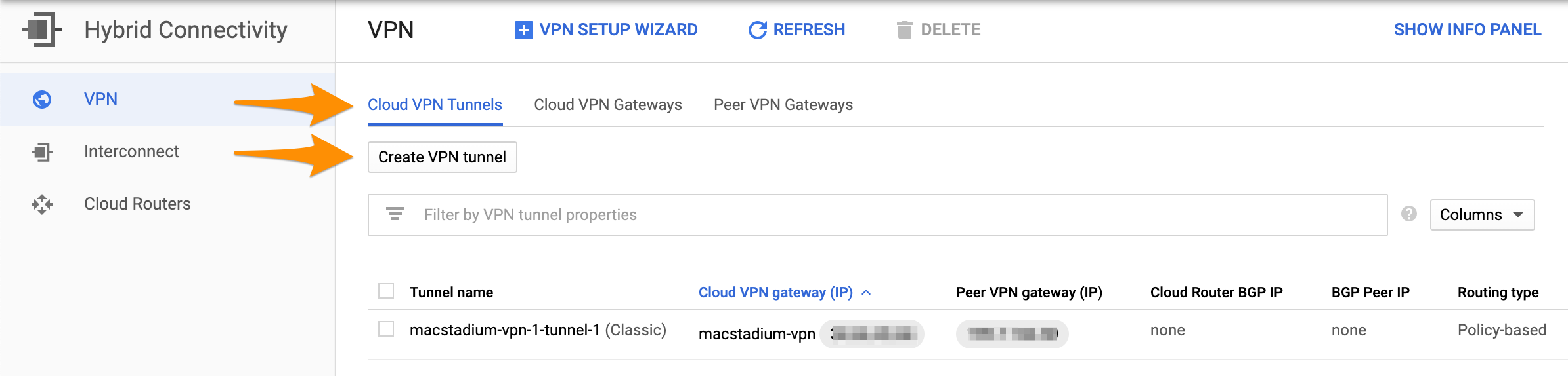 Cloud VPN Tunnels tab with Create VPN tunnel button