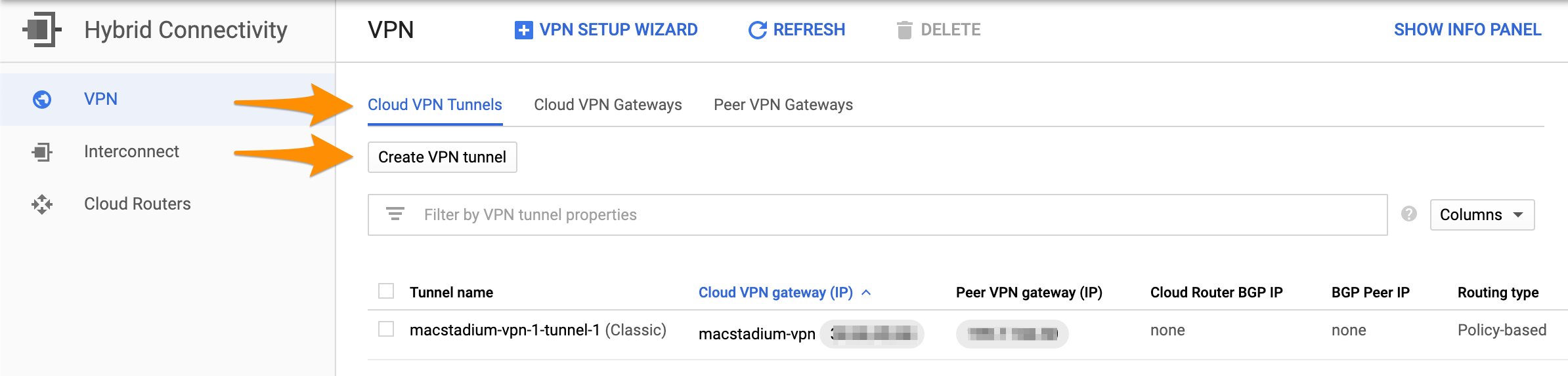 Cloud VPN Tunnels tab with Create VPN tunnel button