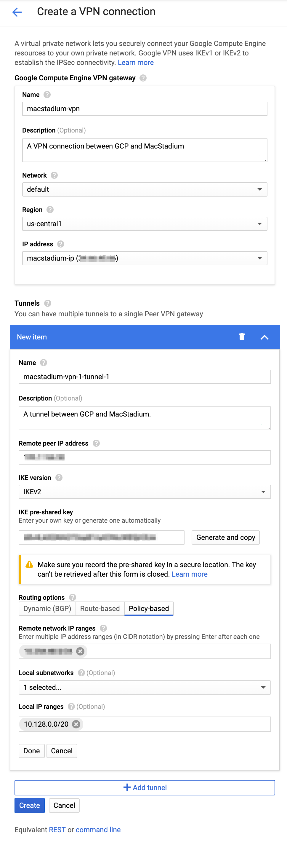 Sample GCP VPN gateway and tunnel configuration