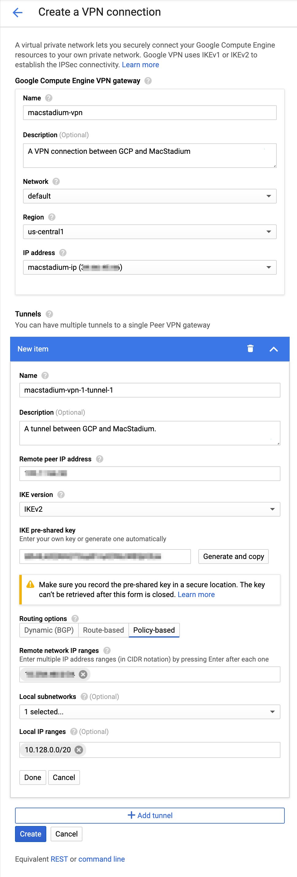 Sample GCP VPN gateway and tunnel configuration