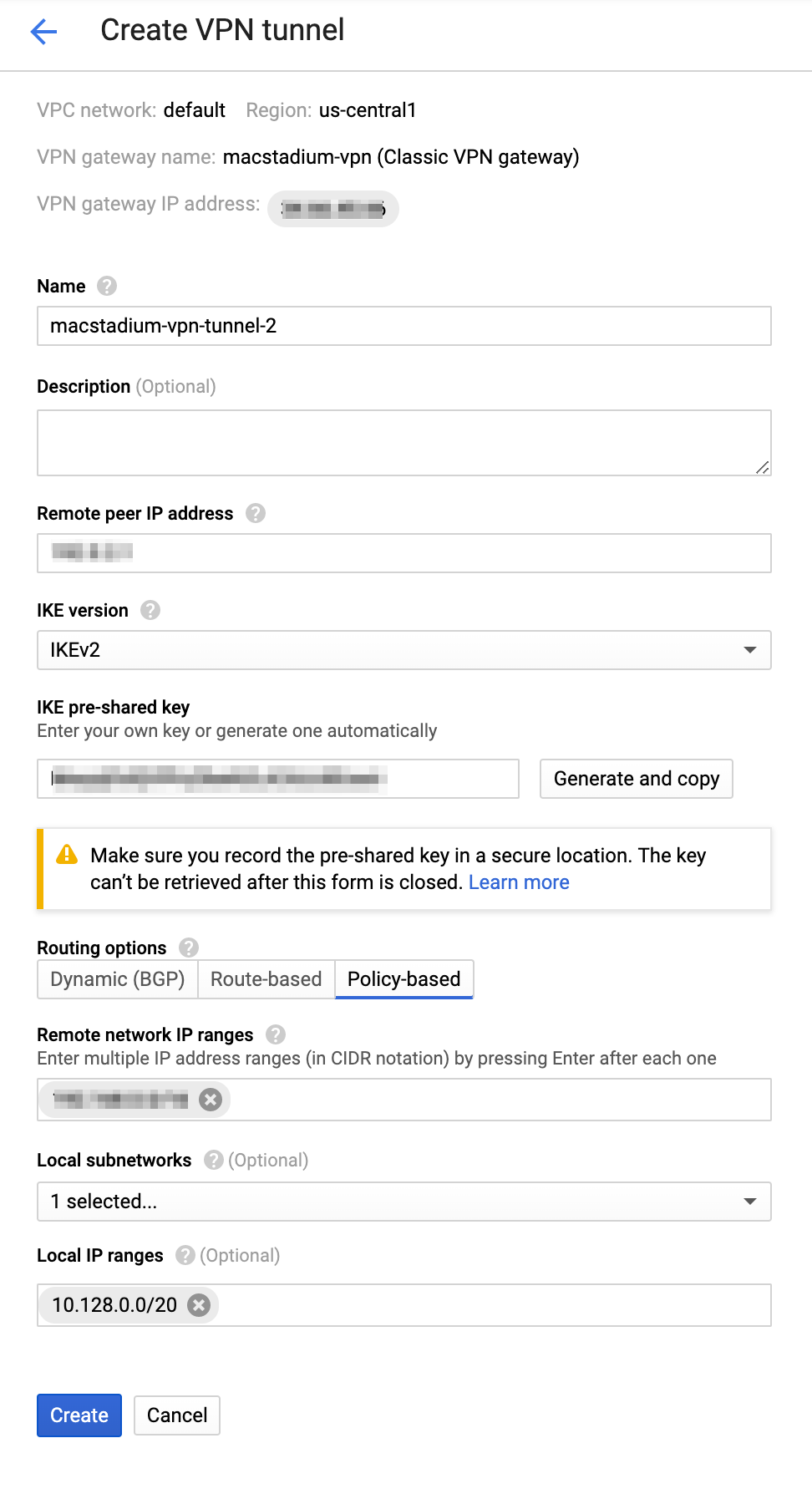 Sample GCP VPN tunnel configuration for adding to an existing gateway