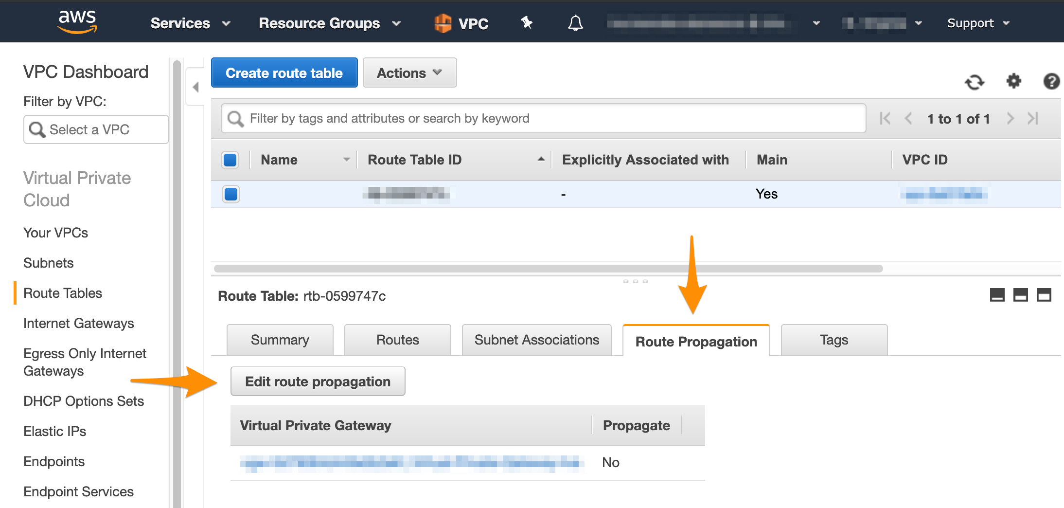 AWS Route Propagation tab showing propagation enabled for virtual private gateway