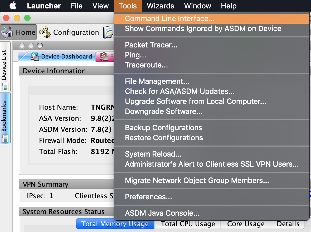 Cisco ASDM-IDM Tools menu with Command Line Interface option