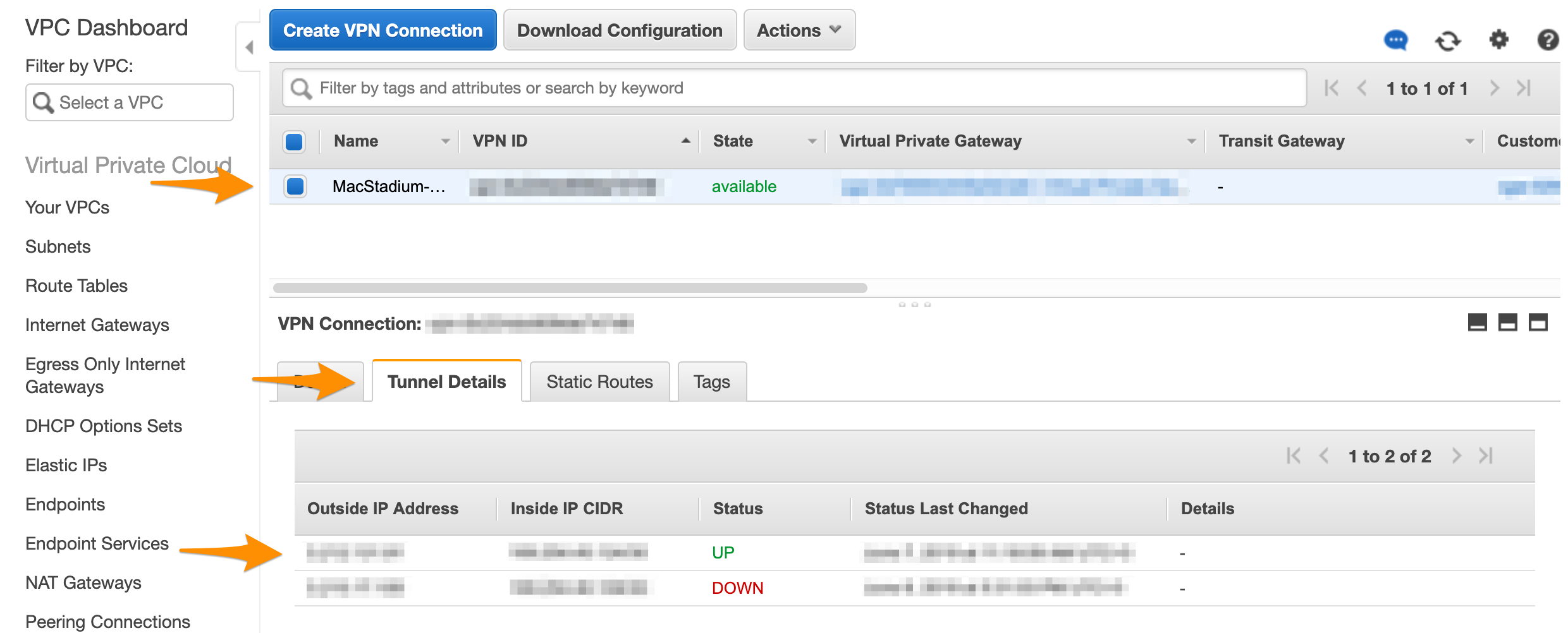 AWS VPN Tunnel Details showing one tunnel status as Up