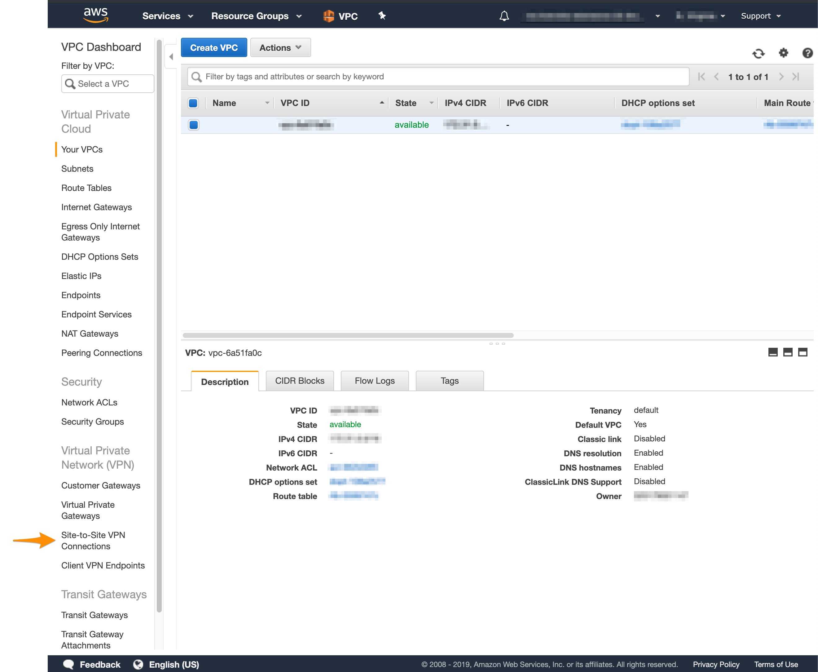 AWS VPC sidebar with Site-to-Site VPN Connections selected