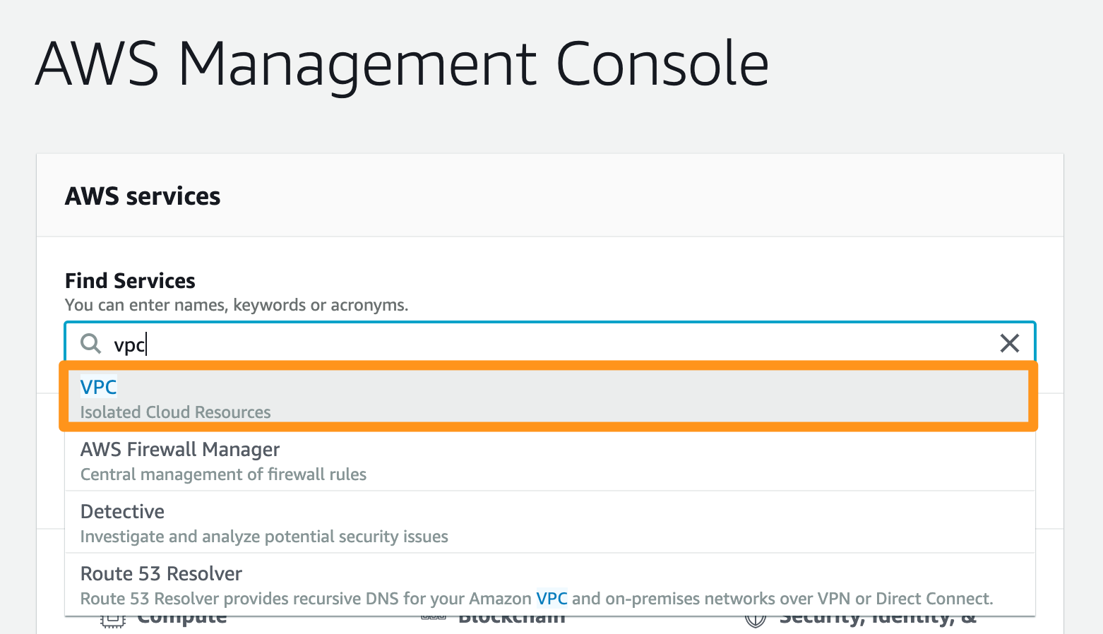 AWS Management Console Find Services bar with VPC typed