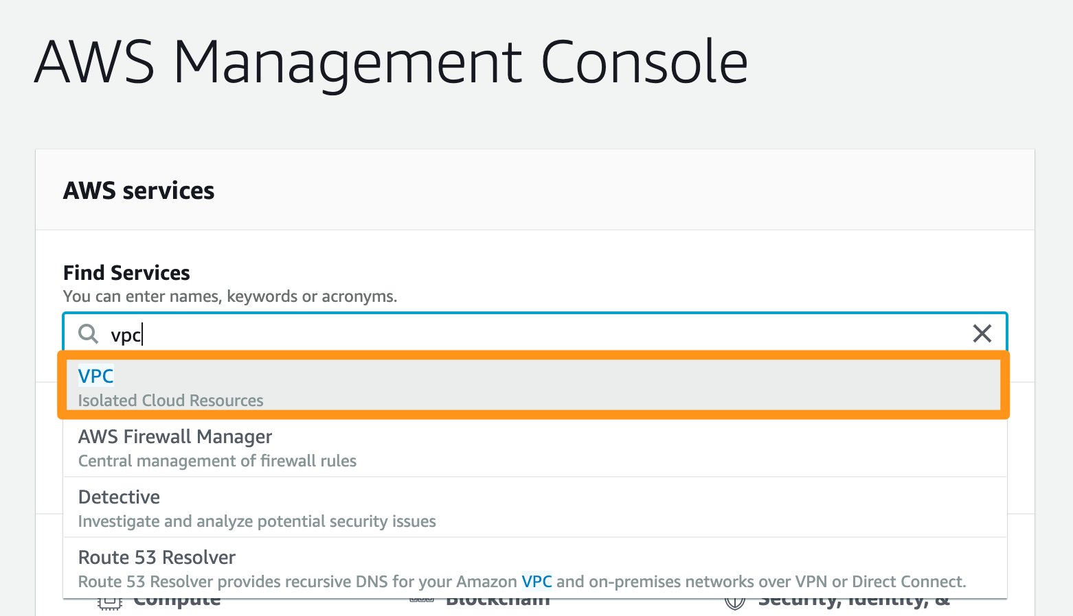AWS Management Console Find Services bar with VPC typed