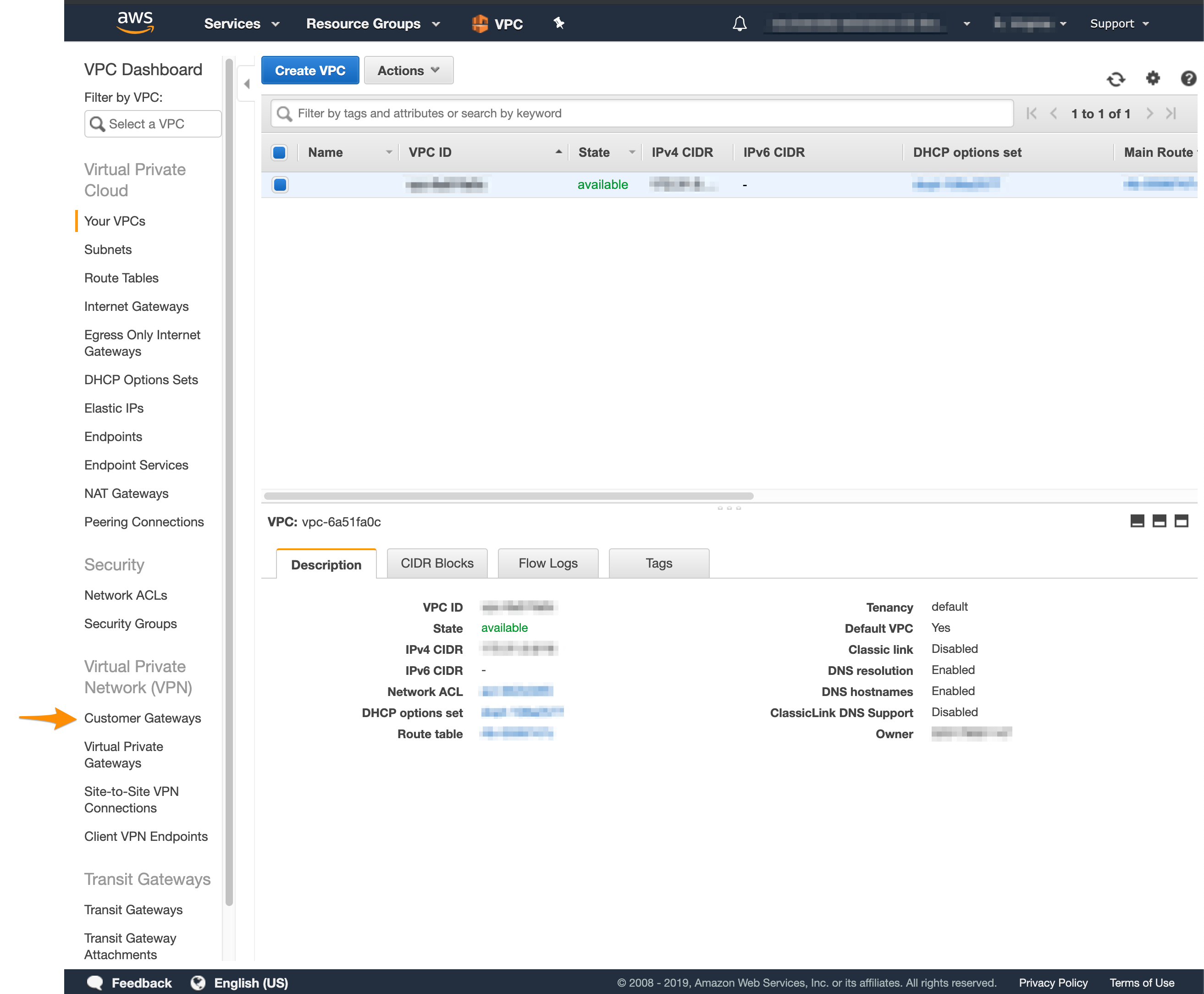 AWS VPC sidebar with Customer Gateways selected