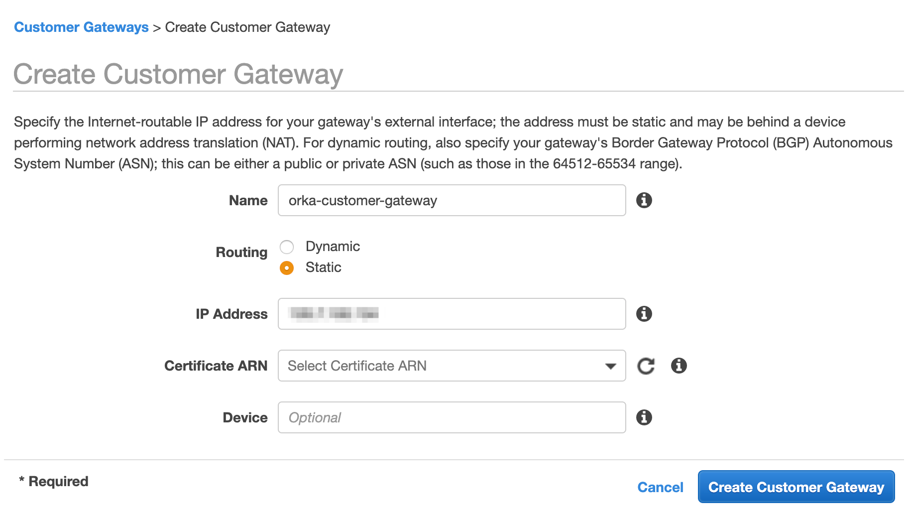 Create Customer Gateway form with name, routing, and IP address fields