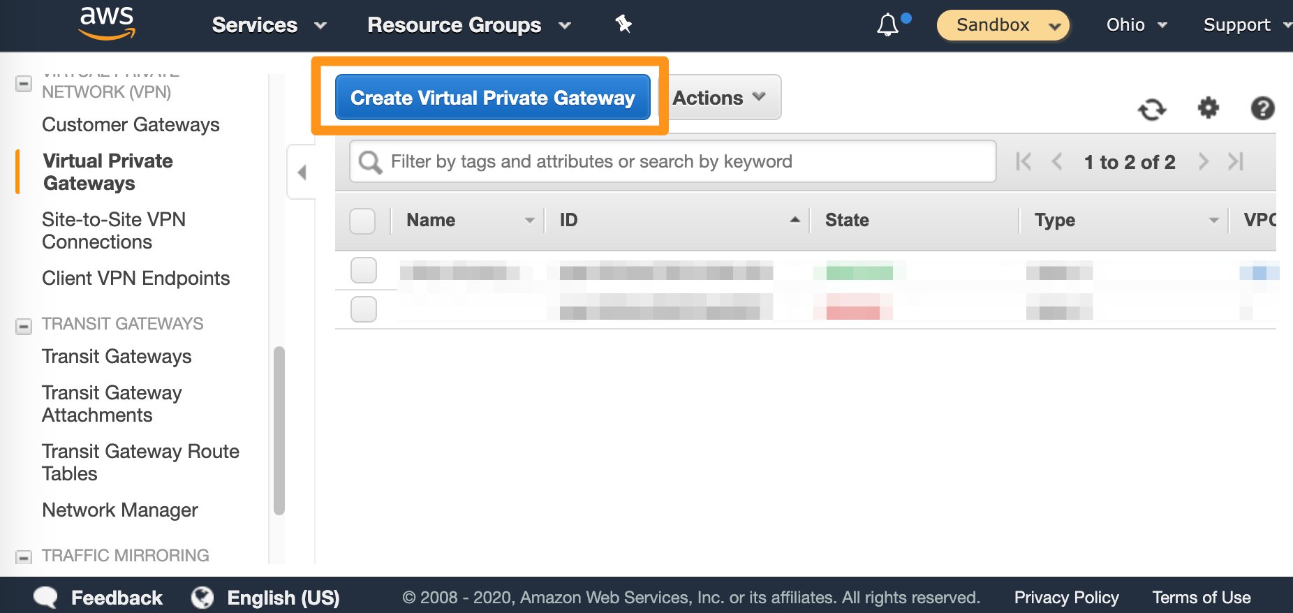 Create Virtual Private Gateway button in AWS VPC console