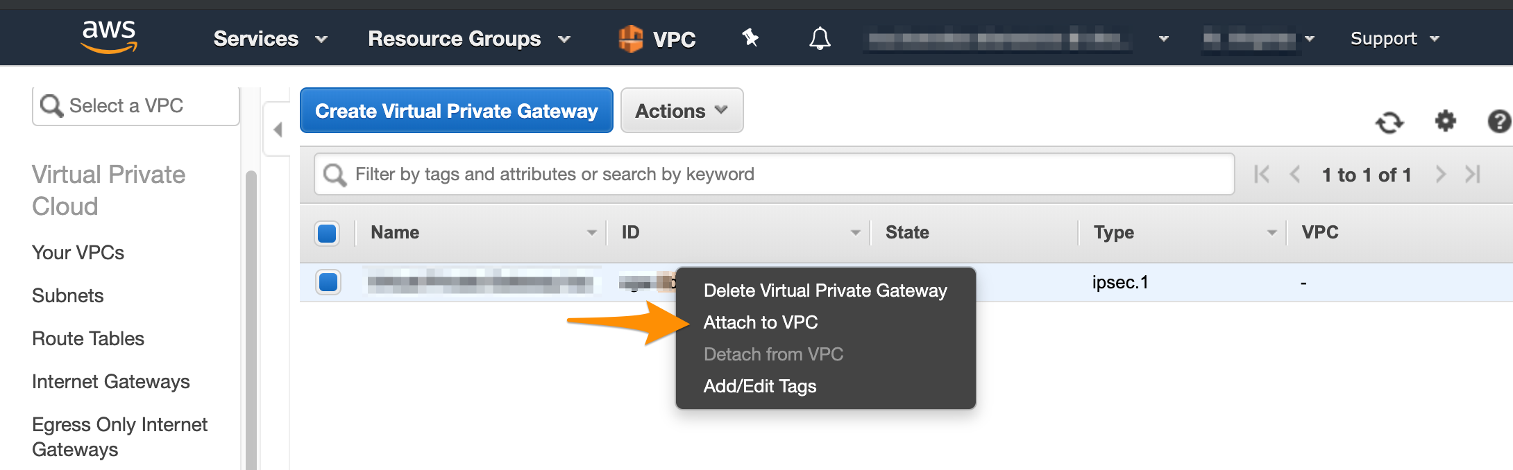 Virtual Private Gateways dashboard with Attach to VPC option in context menu