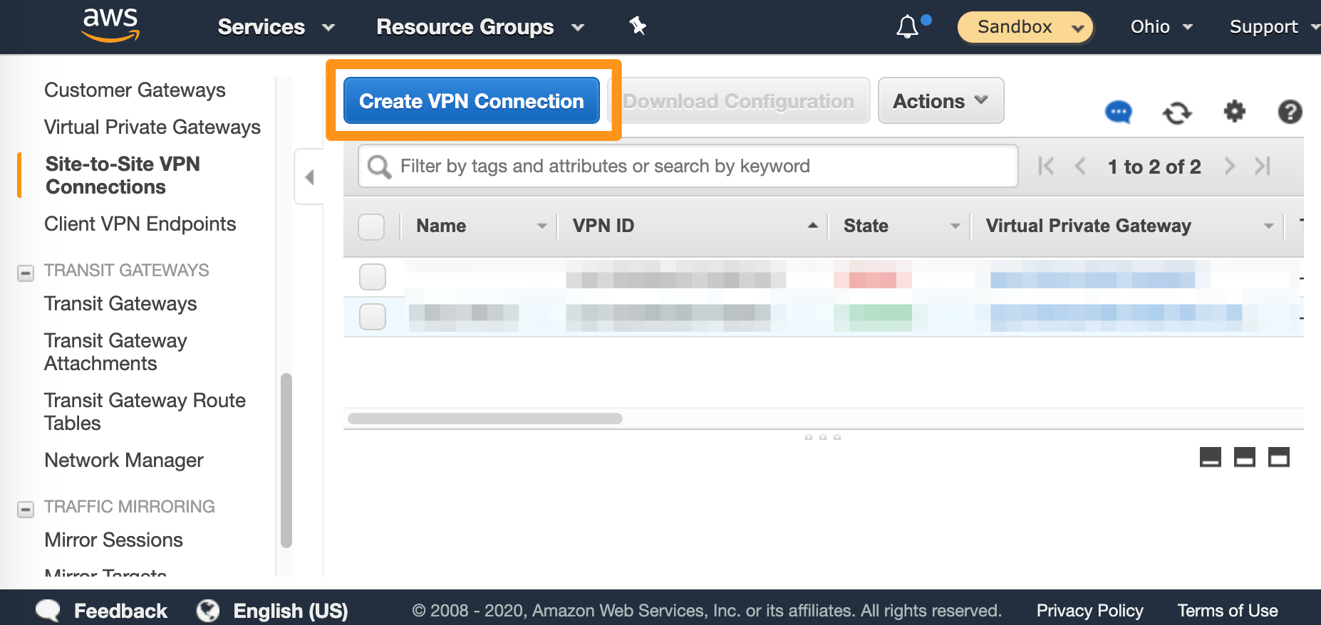 Create VPN Connection button in AWS VPC console