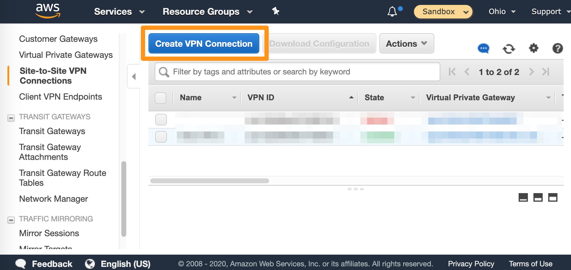 Create VPN Connection button in AWS VPC console