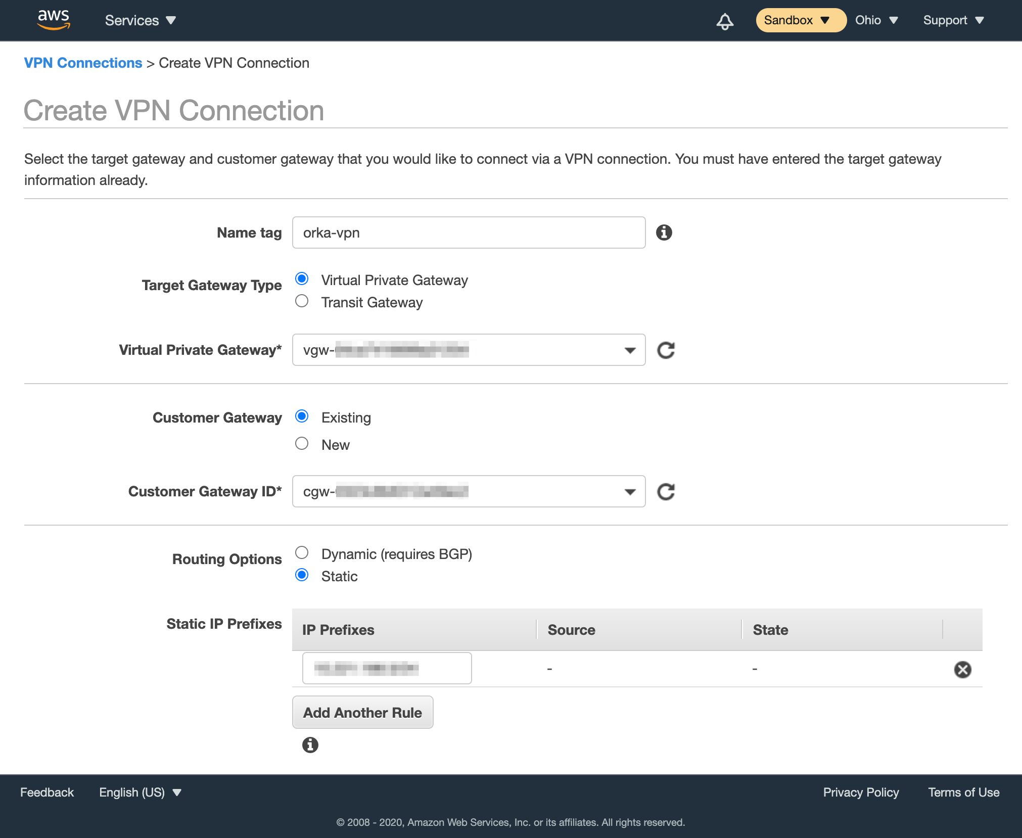 Create VPN Connection form with gateway, routing, and CIDR prefix fields