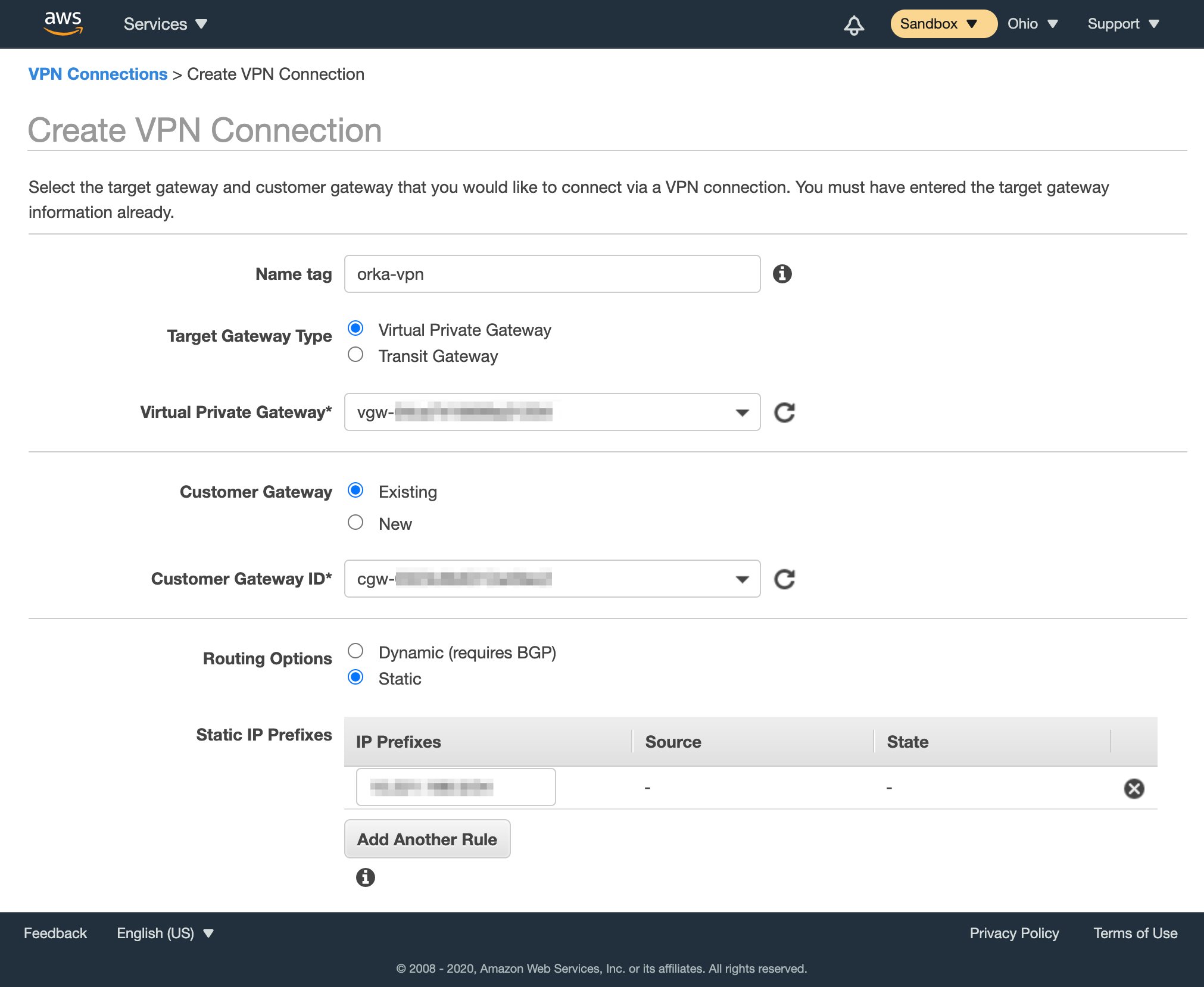 Create VPN Connection form with gateway, routing, and CIDR prefix fields