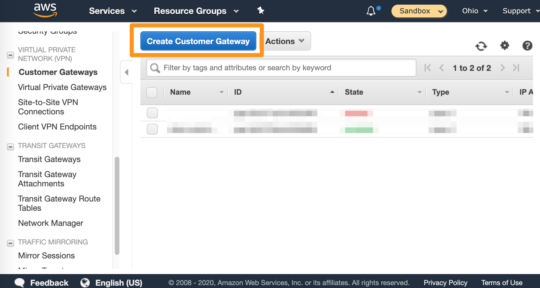 Create Customer Gateway button in AWS VPC console