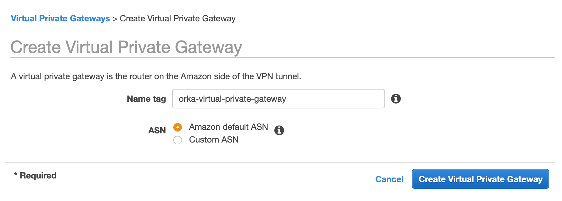Create Virtual Private Gateway form with name tag and ASN fields
