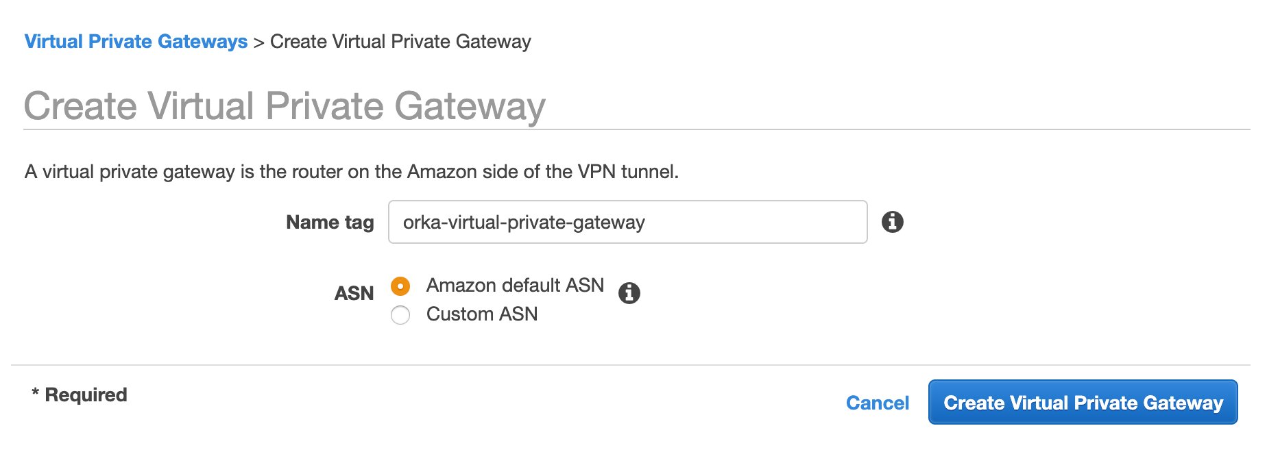 Create Virtual Private Gateway form with name tag and ASN fields