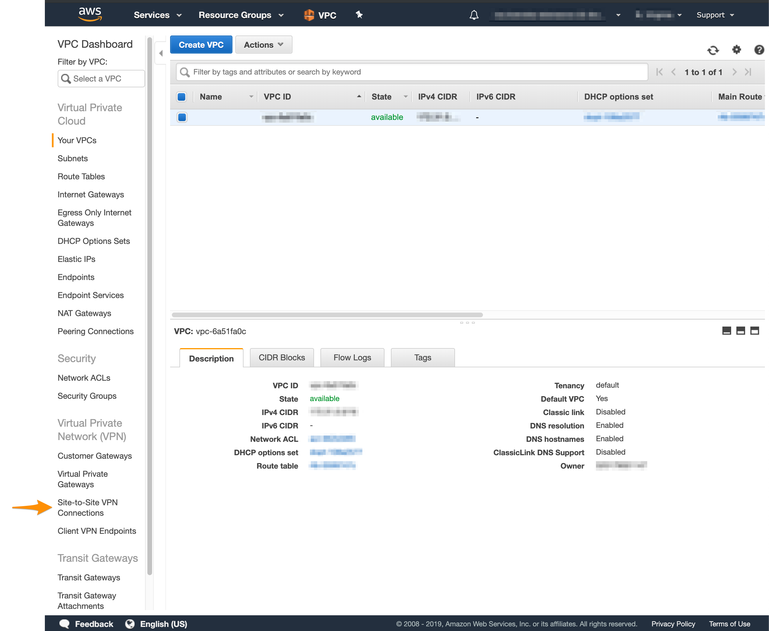 AWS VPC sidebar with Site-to-Site VPN Connections selected