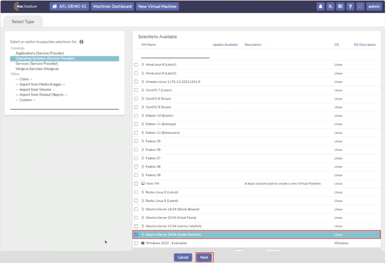 Private Cloud Select Type tab showing OS recipes list with Ubuntu Server highlighted