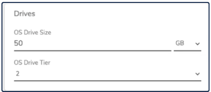 Private Cloud Drives section showing OS Drive Size and OS Drive Tier fields