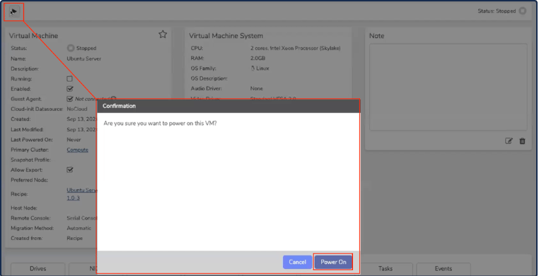 Private Cloud Power On confirmation dialog