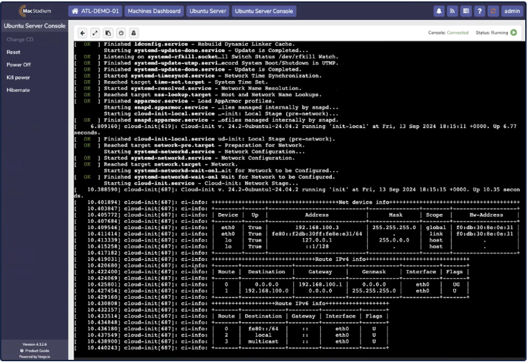 Private Cloud console showing Ubuntu Server login prompt