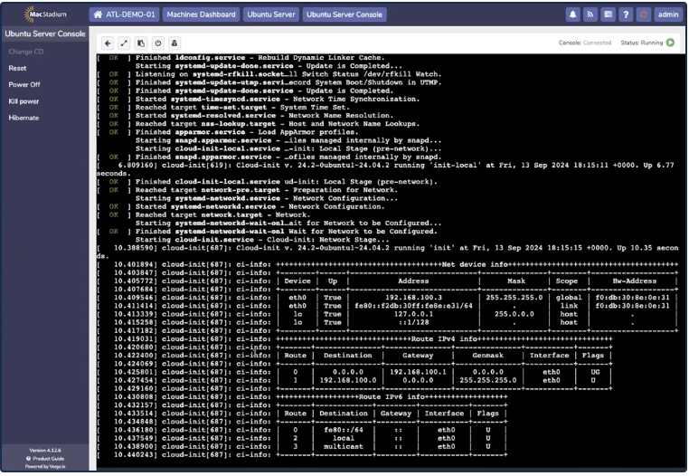 Private Cloud console showing Ubuntu Server login prompt
