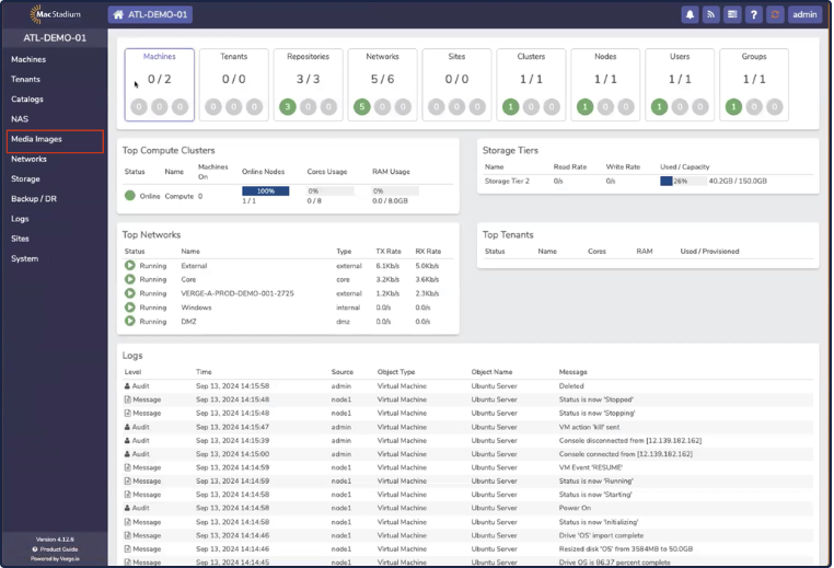 Private Cloud sidebar with Media Images option selected