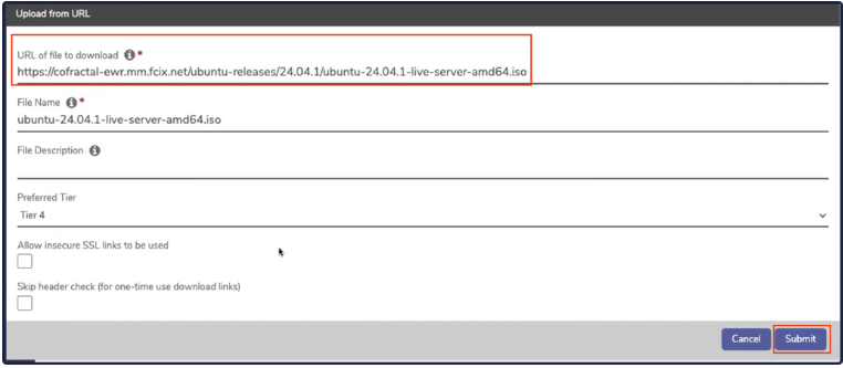Private Cloud Upload from URL field with download link pasted