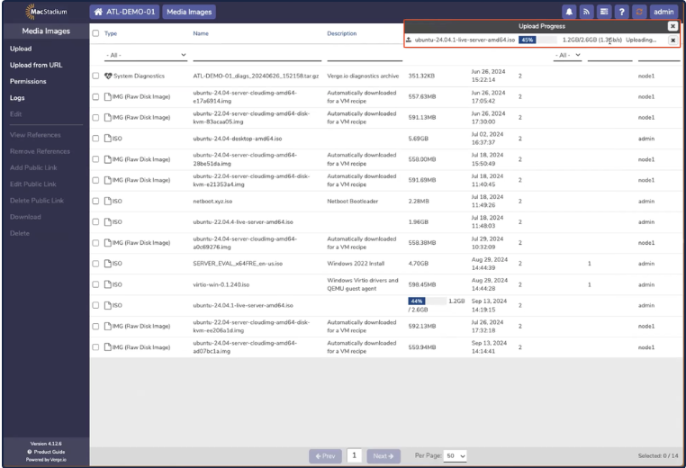 Private Cloud Media Images page showing direct upload progress
