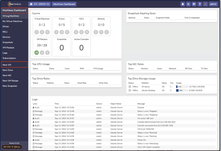 Private Cloud Machines Dashboard with New VM button