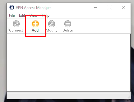 Shrew Soft VPN Access Manager with Add button highlighted