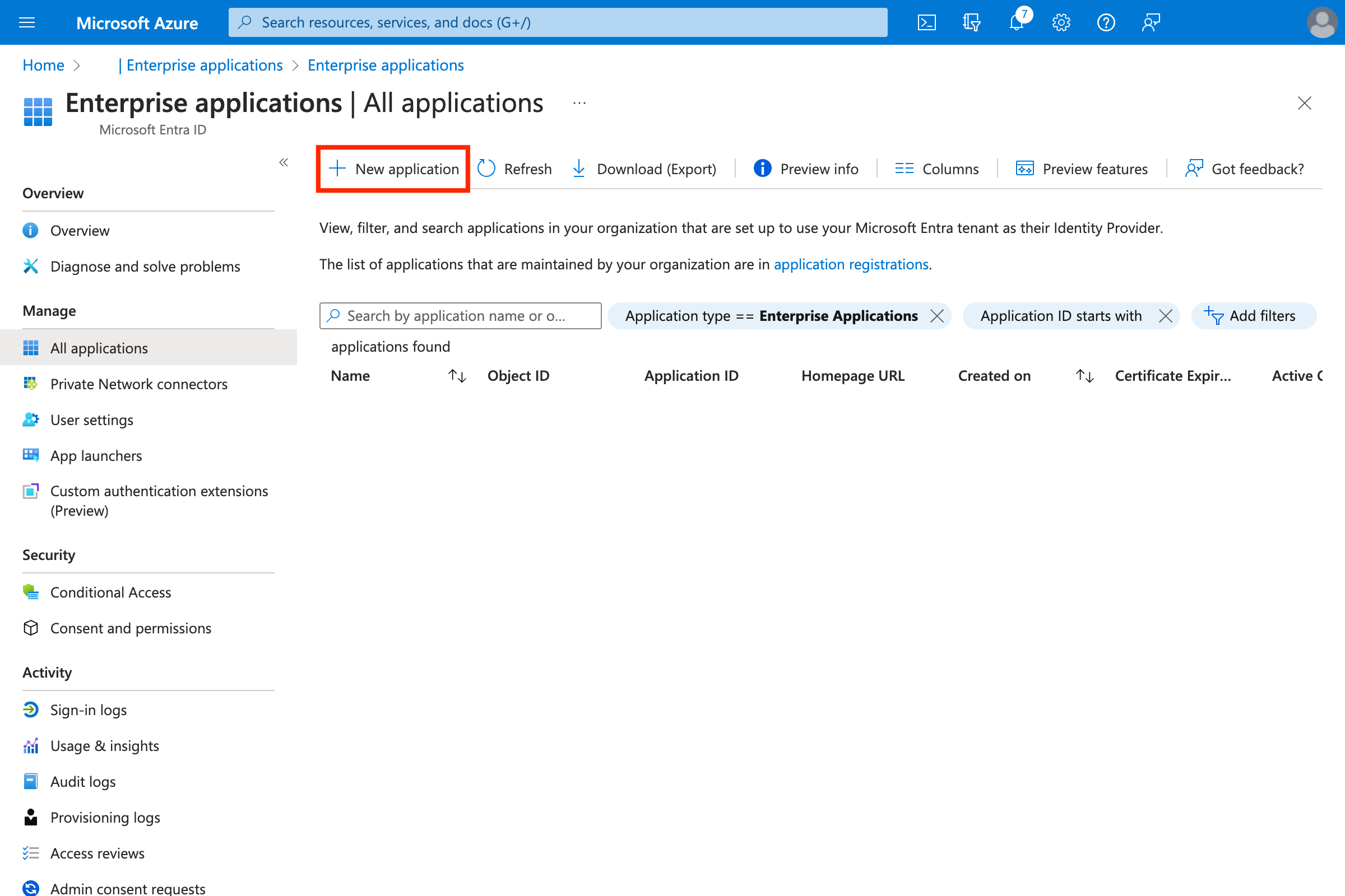 Azure Enterprise applications list with New Application button