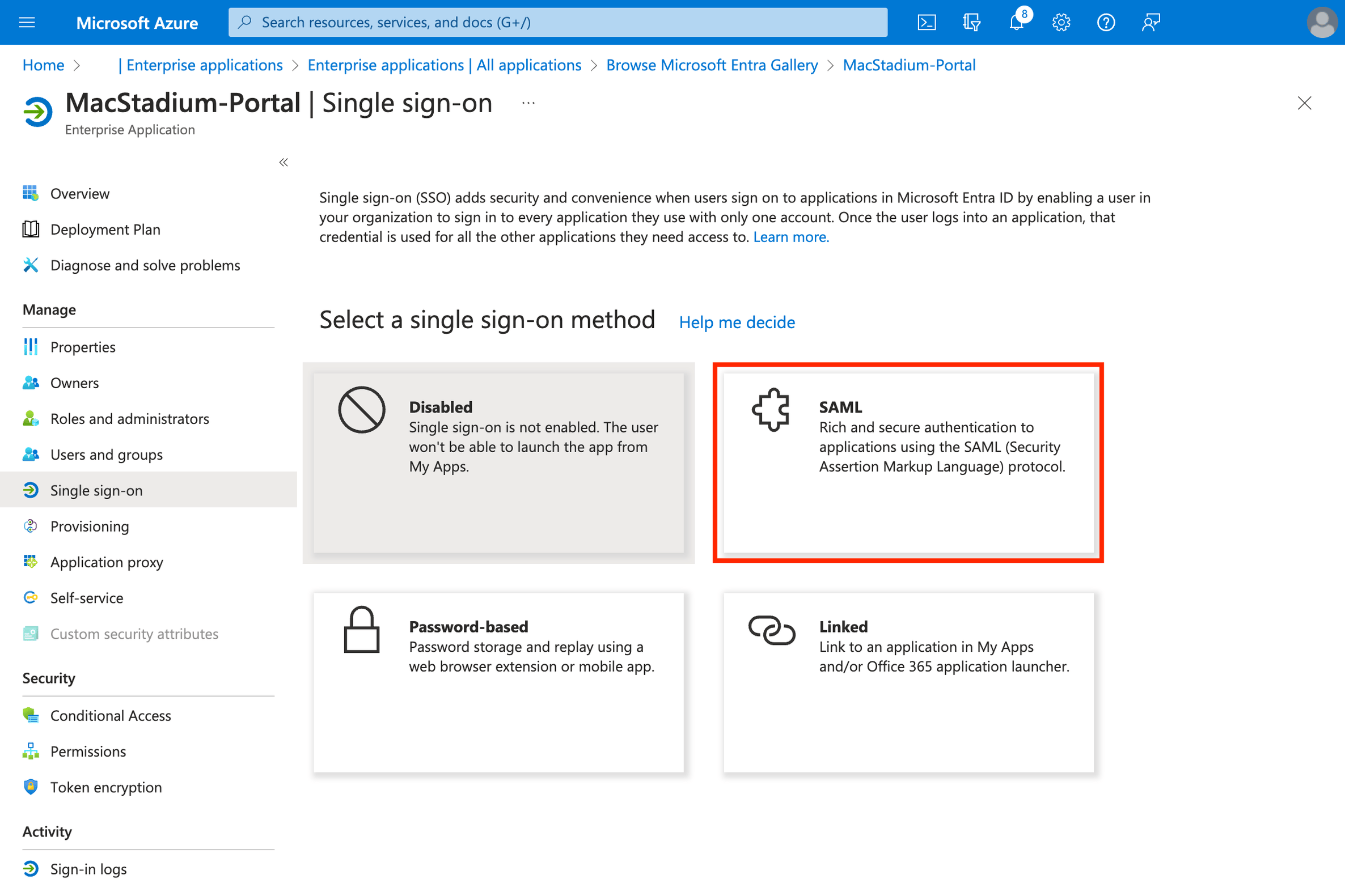 Azure Single sign-on method selection with SAML option highlighted
