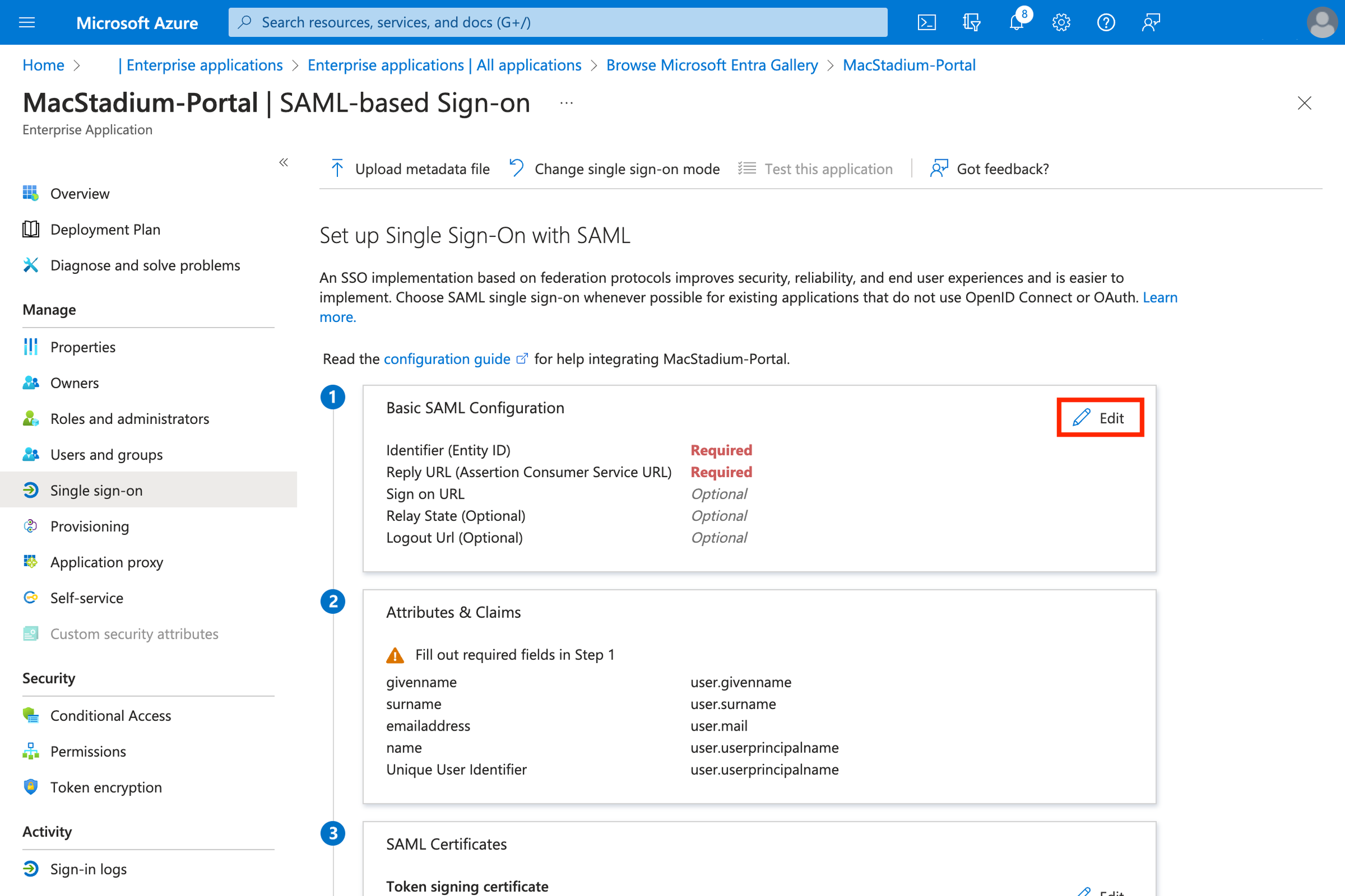 Azure SAML-based Sign-on page showing Basic SAML Configuration section with Edit button