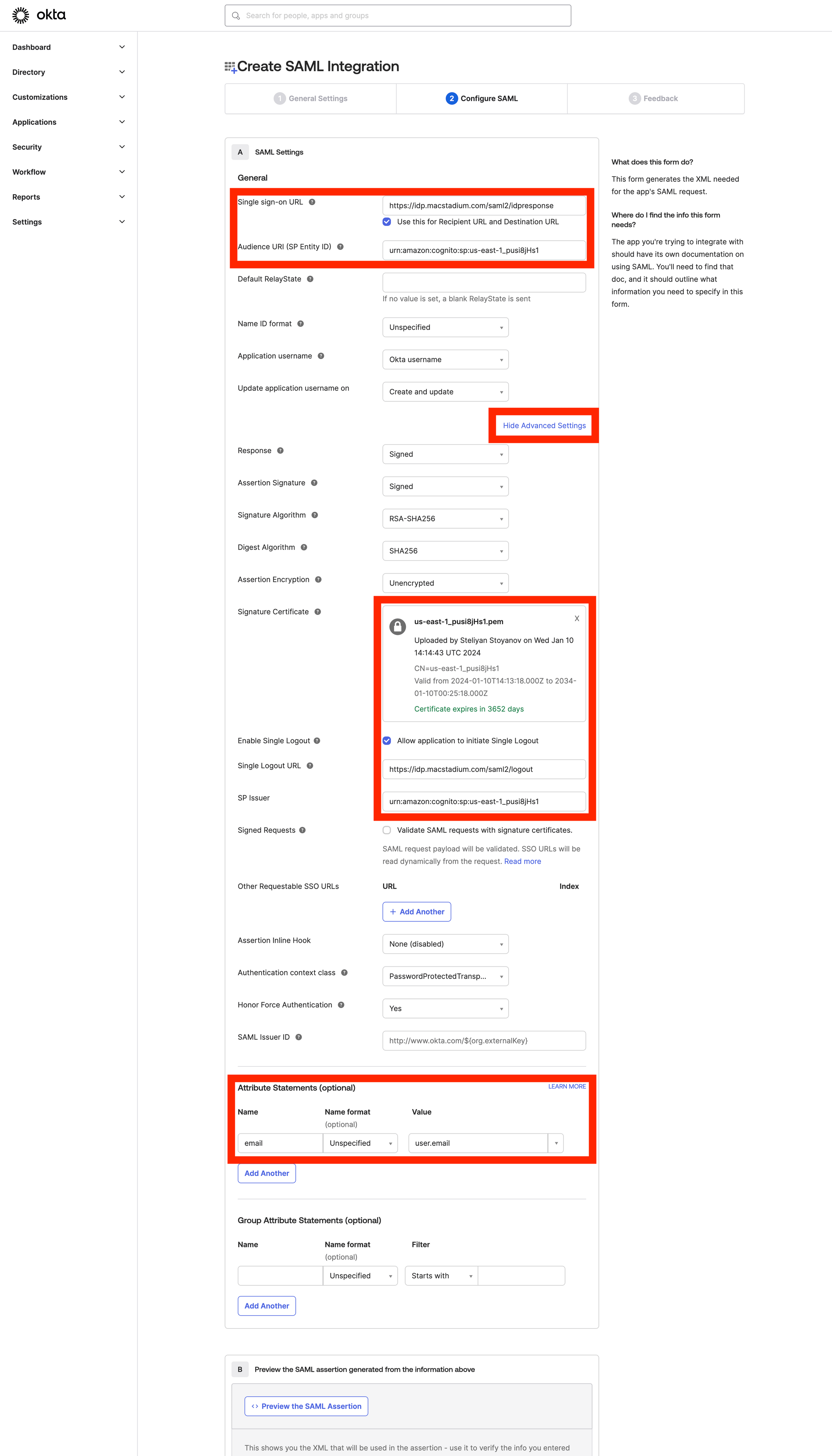 Okta SAML Settings with Attribute Statements section showing email mapping
