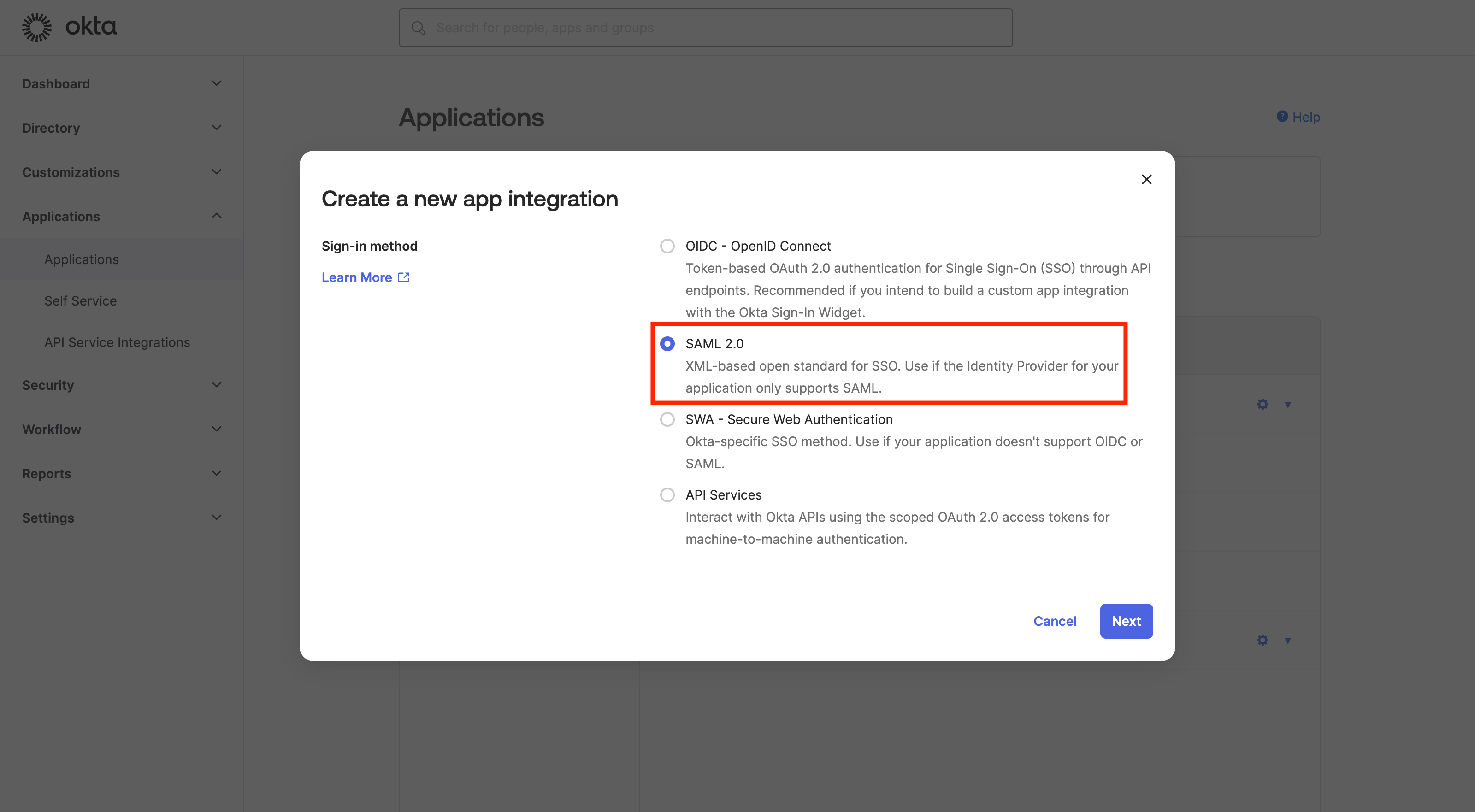Okta Create a new app integration dialog with SAML 2.0 option selected