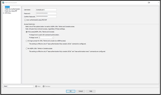 Add User Account dialog with username, password, and access restriction fields