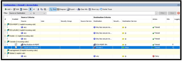ASDM Access Rules list with new rule selected and move-to-top arrow highlighted