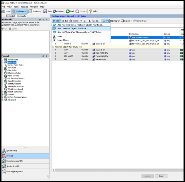 ASDM NAT Rules with Add NAT Rule option selected