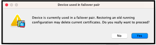 ASDM restore confirmation prompt asking to proceed with the restore