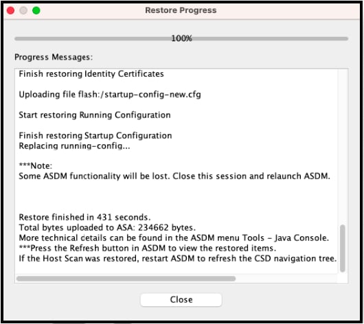 ASDM restore progress log showing completion
