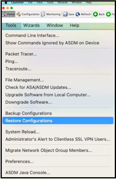 ASDM Tools menu with Restore Configuration option highlighted