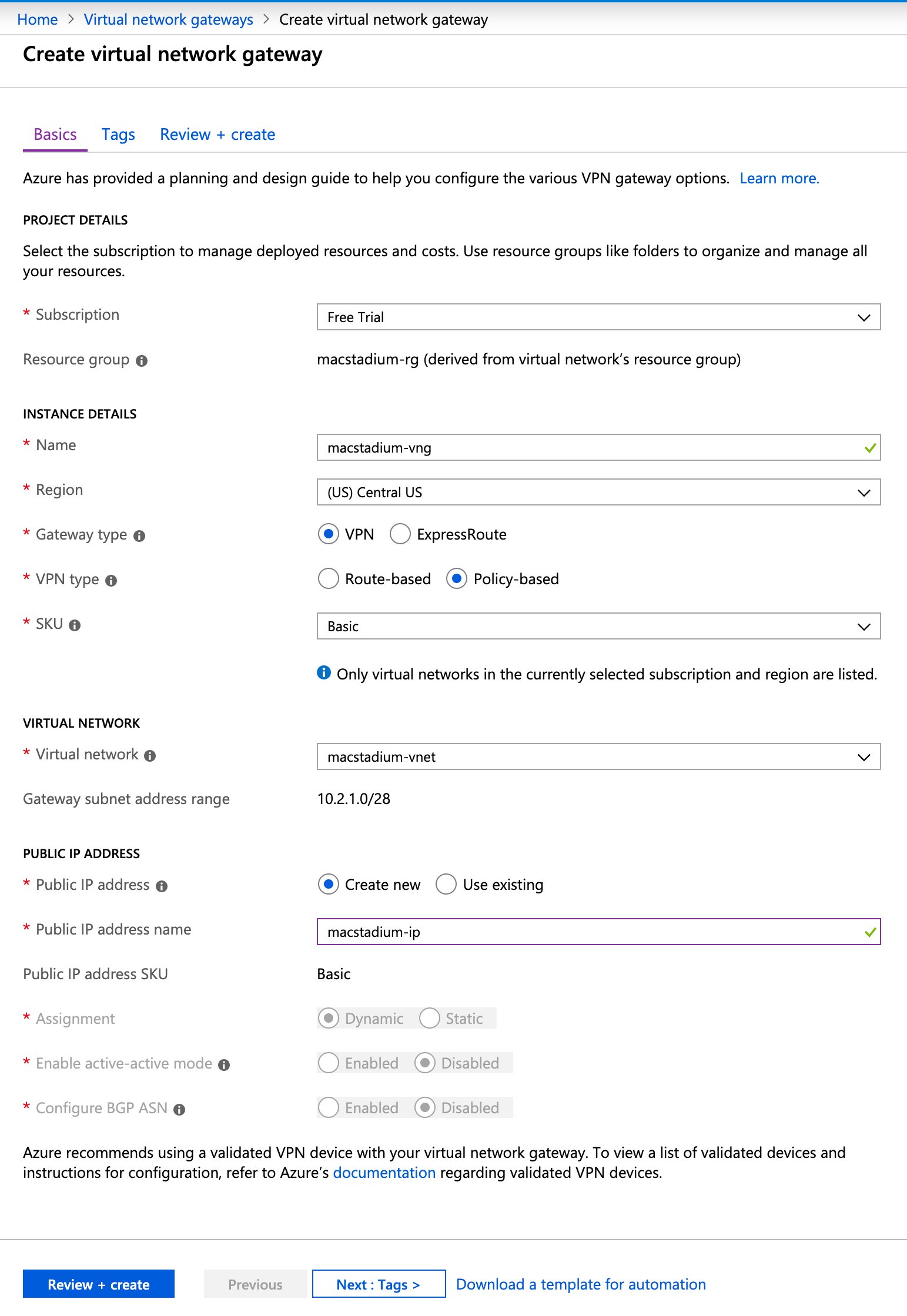 Sample Azure virtual network gateway configuration form