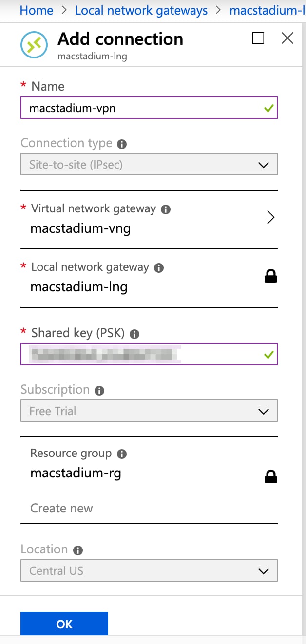 Sample Azure VPN connection configuration form